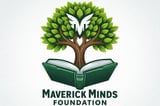 Maverick Minds Foundation logo featuring a tree with green leaves and a white bird symbol rooted in an open book