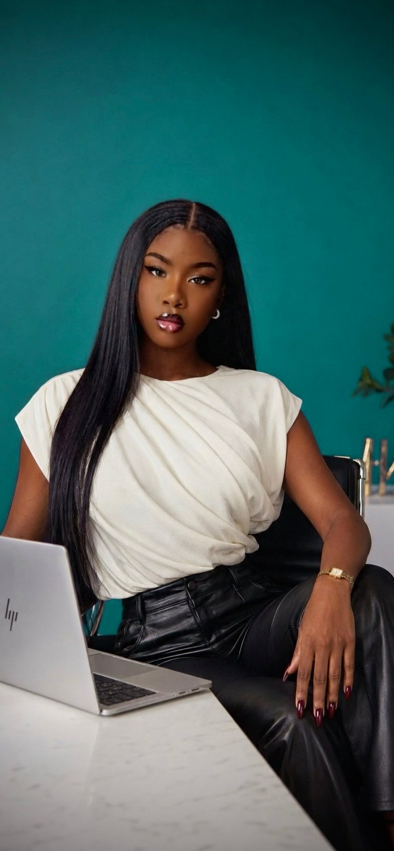 Woman with long black hair wearing white top and black pants, sitting at desk with laptop against turquoise background